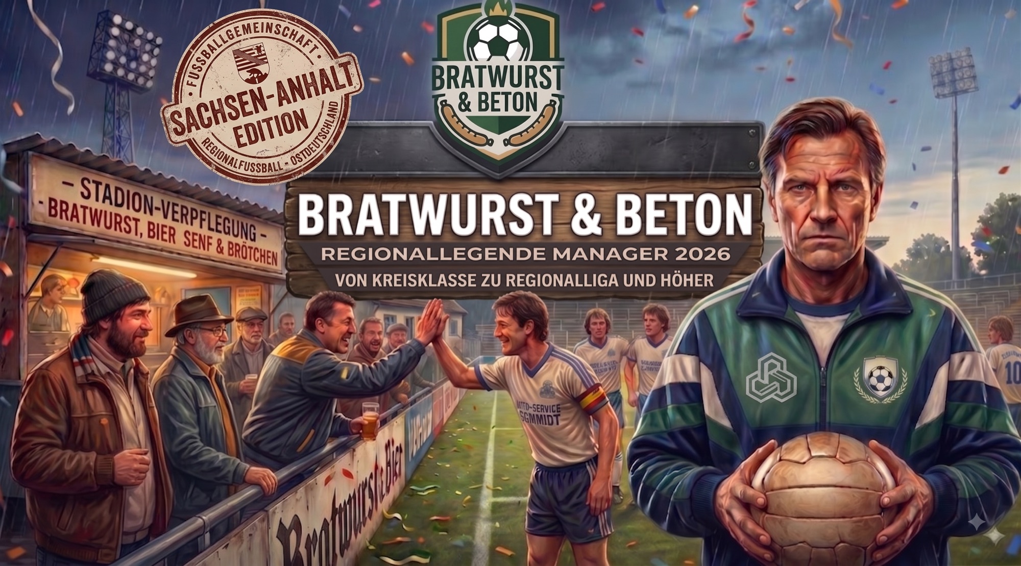 Bratwurst & Beton — Regionallegende Manager 2026. Von der Kreisklasse zur Regionalliga und höher.